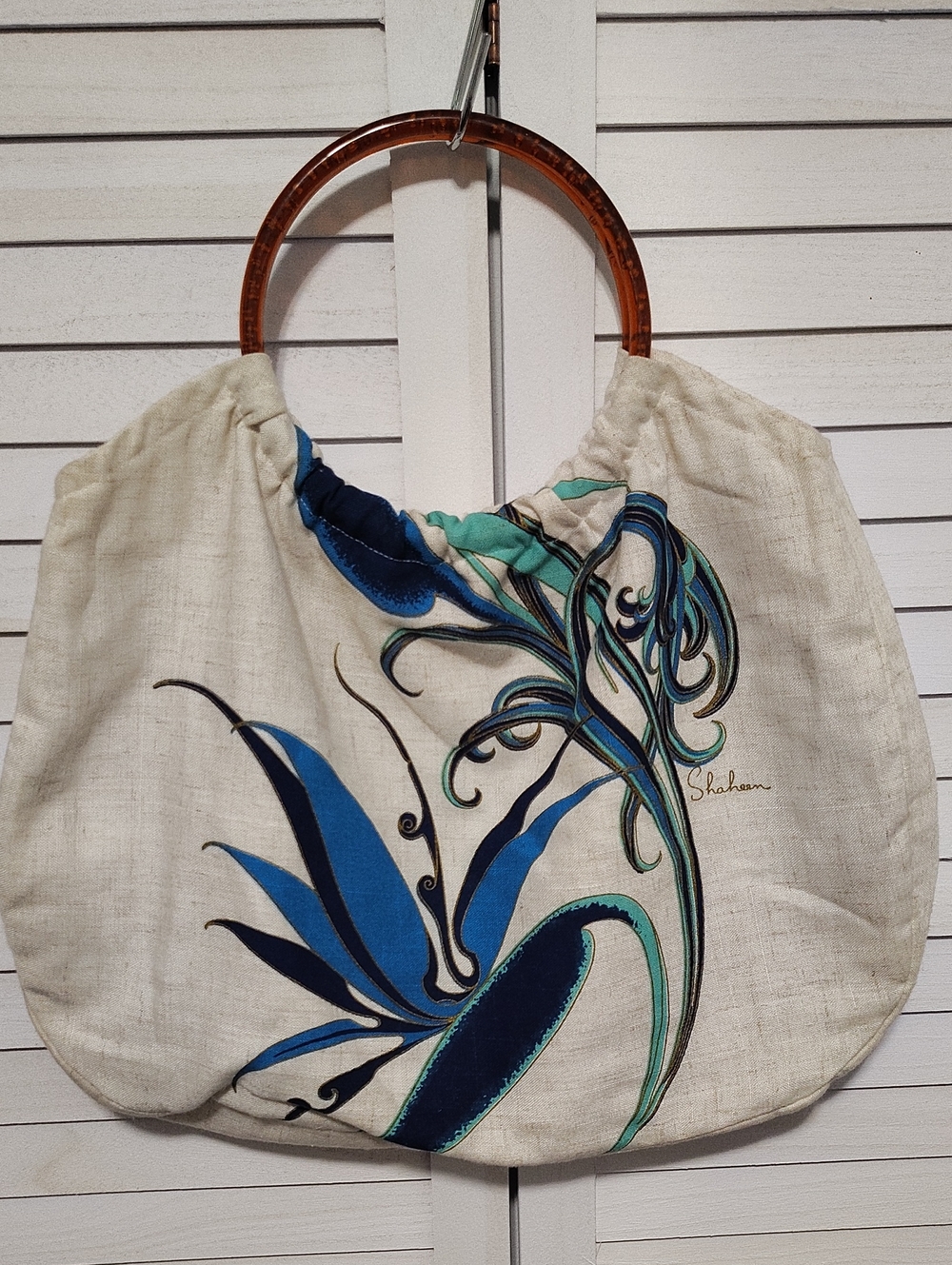 Vintage Linen Signed Shaheen Bag with Celluloid Handles